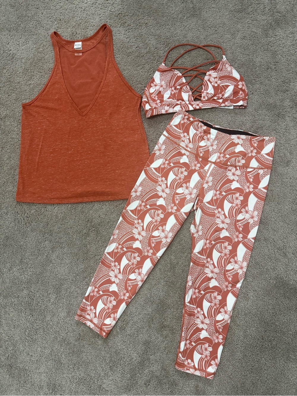 Victoria's Secret Rust Floral Strappy Bralette & Printed Leggings, tank set